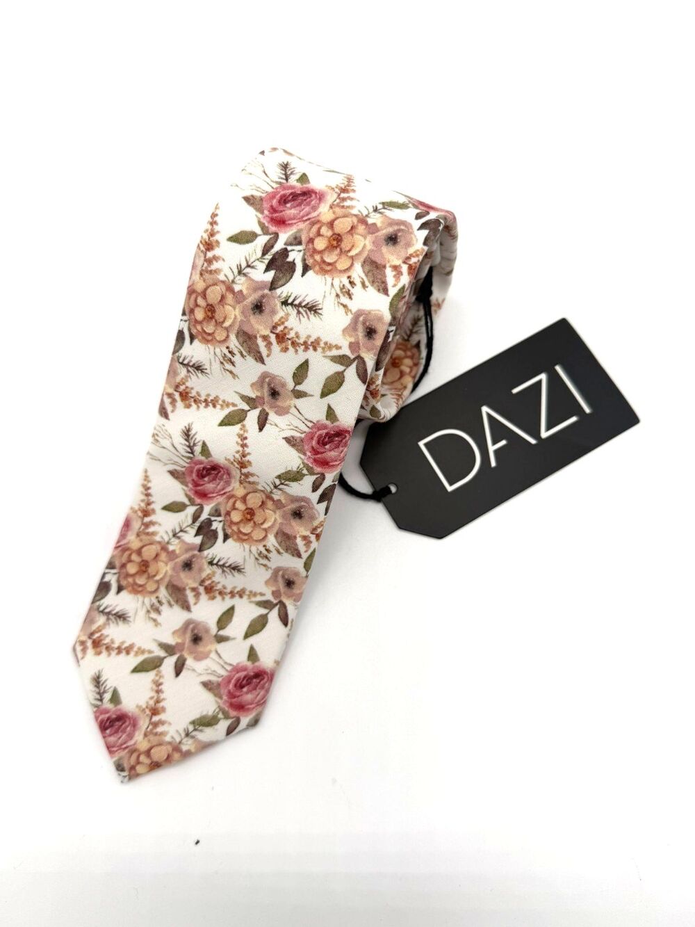 DAZI Men's Necktie Floral Rose Print White Pink Brown 100% Cotton Handmade Slim